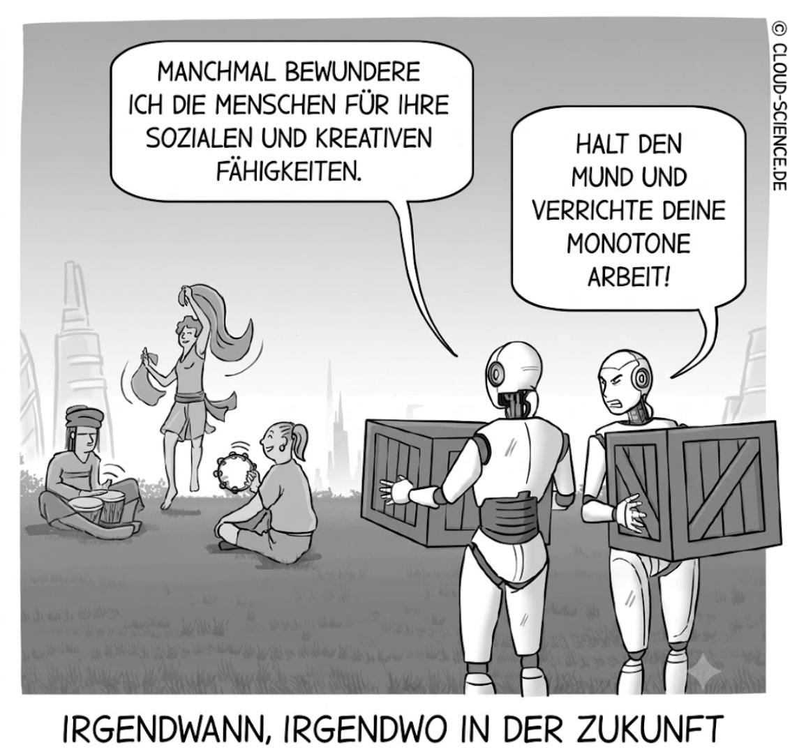 Comic mit Menschen und Robotern in einer Zukunftsszene, dazu Sprechblasen und der Text „Irgendwann, irgendwo in der Zukunft“.